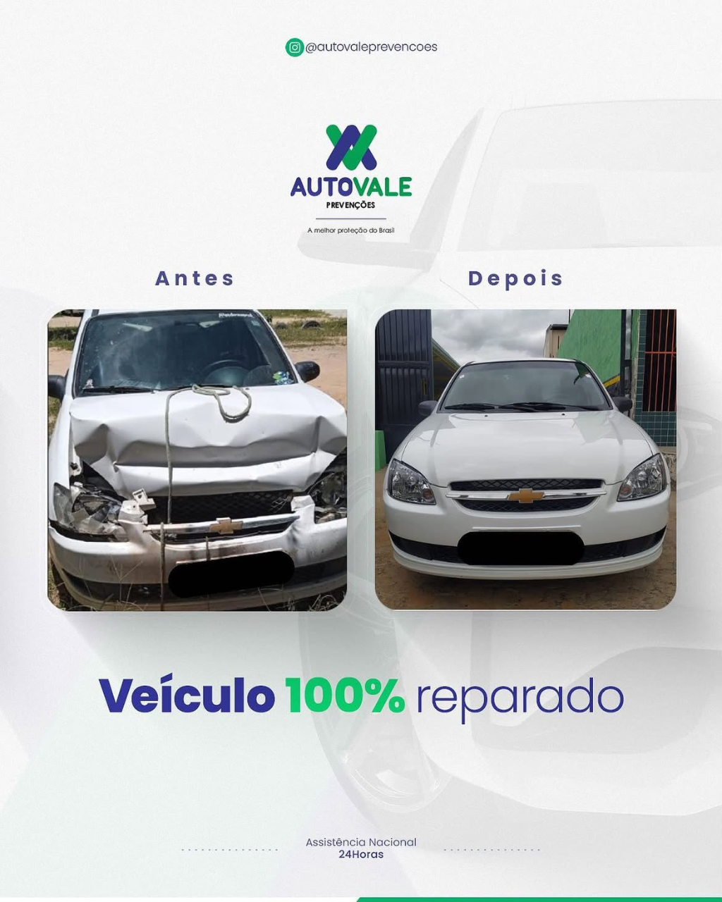 Chevrolet Classic antes e depois — reparado pela AutoVale com assistência 24h