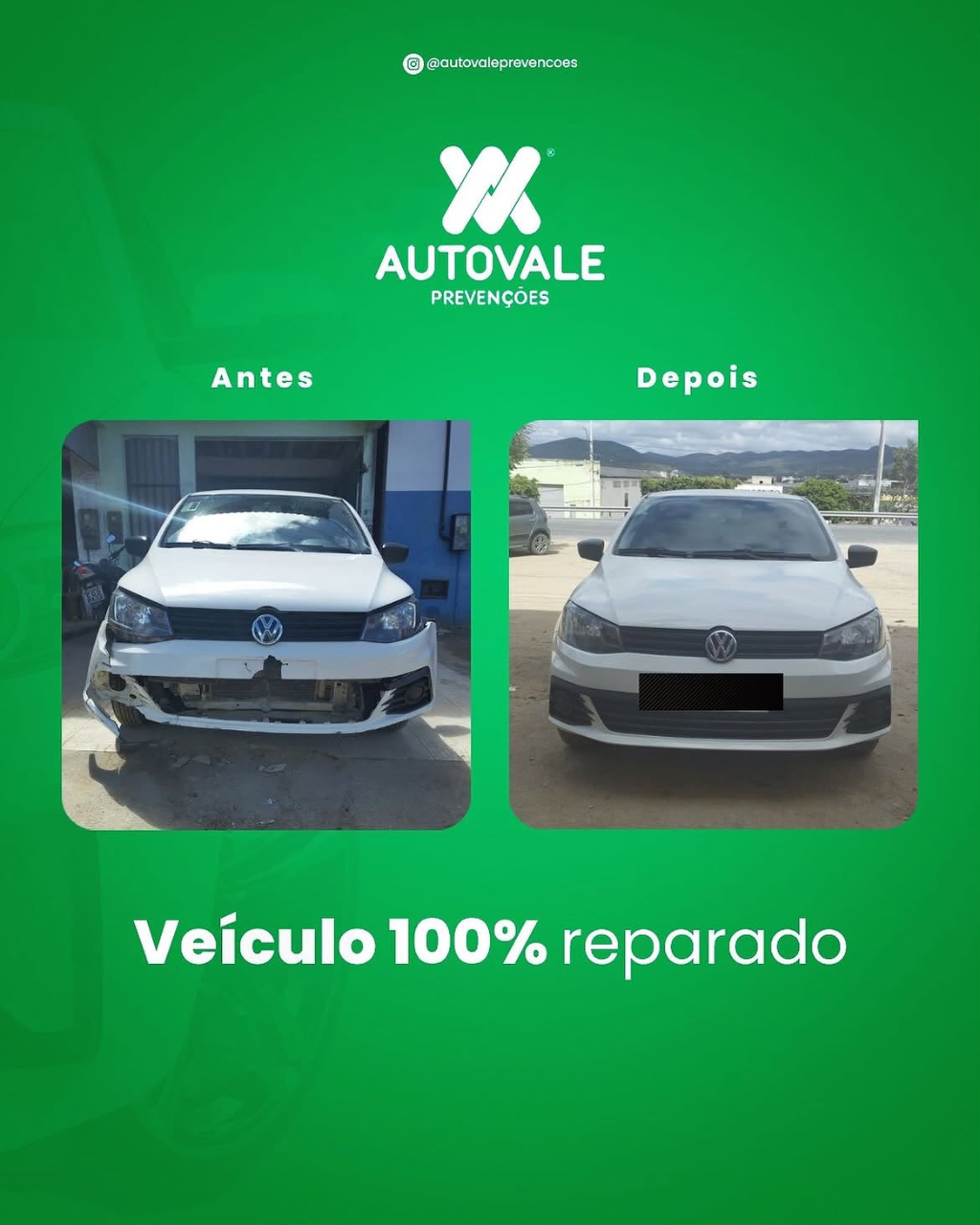 Veículo VW Gol antes e depois — 100% reparado pela AutoVale